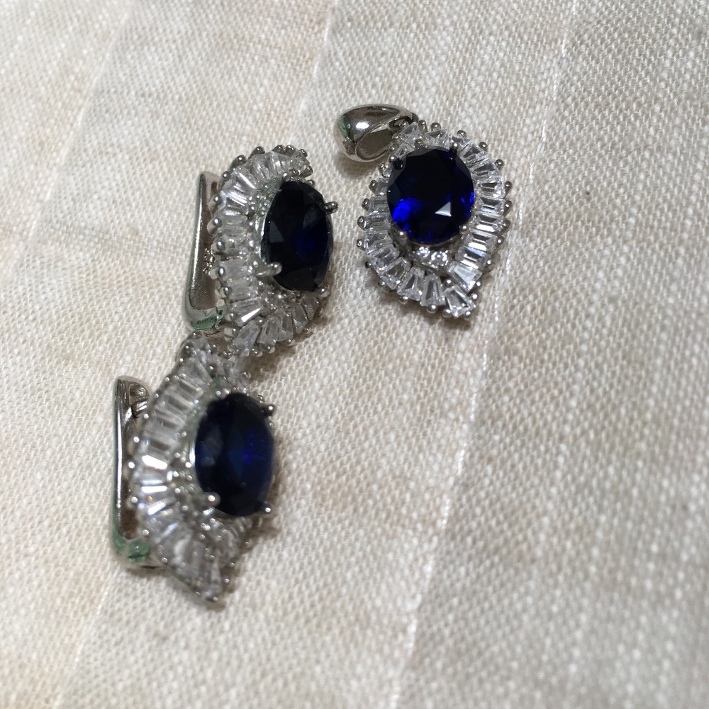 Sterling Silver Sapphire Earrings and Pendant
